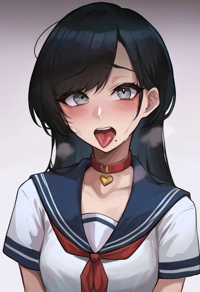 score_9, score_8_up, score_7_up, Mevak_PS, source_anime, hi res, masterpiece, best quality, highres, female focus, red choker, serafuku, blush, open mouth, tongue out, looking at viewer, blue sailor collar, short sleeves, upper body, collarbone, teeth, shirt, heart choker, sweat, neckerchief, zPDXL, zPDXLxxx, B_lack, b-lack (IKMRU), mole under mouth, long hair, black hair, grey eyes,