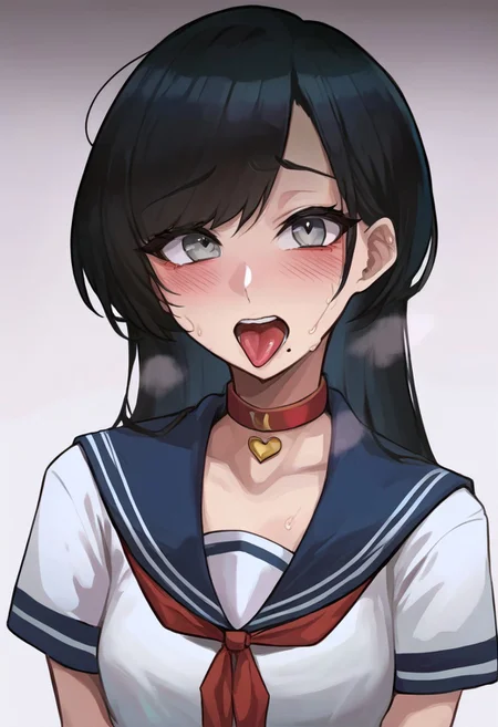 score_9, score_8_up, score_7_up, Mevak_PS, source_anime, hi res, masterpiece, best quality, highres, female focus, red choker, serafuku, blush, open mouth, tongue out, looking at viewer, blue sailor collar, short sleeves, upper body, collarbone, teeth, shirt, heart choker, sweat, neckerchief, zPDXL, zPDXLxxx, B_lack, b-lack (IKMRU), mole under mouth, long hair, black hair, grey eyes,