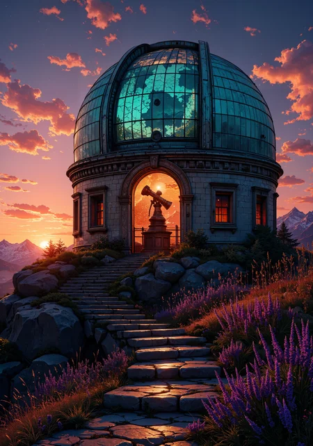 Abandoned observatory at twilight, ancient copper dome patinated with turquoise oxidation, fractured glass panels reflecting molten amber light. Massive telescope silhouette framed against gradient sky transitioning from deep indigo zenith to fiery vermilion horizon. Foreground dotted with wild lavender and tall grasses bending in evening breeze. Background reveals distant mountain range with snow-capped peaks bathed in alpenglow. Cosmic dust particles suspended in dying light create hazy corona effect. Scattered cirrus clouds catching final rays transform into ribbons of gold and magenta. The structure sits atop rocky outcrop with weather-worn stone steps, creating dramatic composition with leading lines. Hyper-detailed textures of rusted metal, cracked stone, and delicate botanical elements. Interplay of hard architectural angles with soft atmospheric glow. 8k ultra-detailed cinematic lighting with volumetric shadows. <lora:FluxMythG0thicL1nes:0.7> <lora:boFLUX Double Exposure Magic v2:0.2> <lora:It's a LoRA for portraits, BUT! actually specialized in backgrounds. v1.0:0.3> <lora:Chris_Luka:0.2> <lora:RetroAnimeFluxV1:0.3> <lora:flux_dev:1>