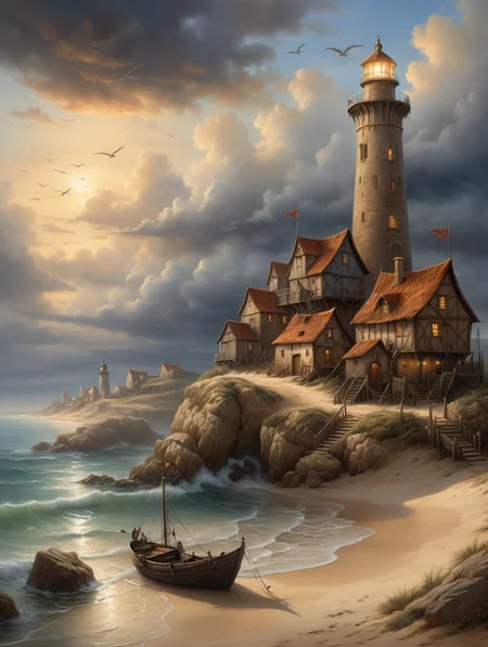oil painting ,A dreamy medieval fishing village on the coast, 34K uhd, masterpiece, high detail, 8k, intricate, detailed, high resolution, high res, high quality, <lora:add-detail-xl:1.8>, highly detailed, Extremely high-resolution details, fine texture,