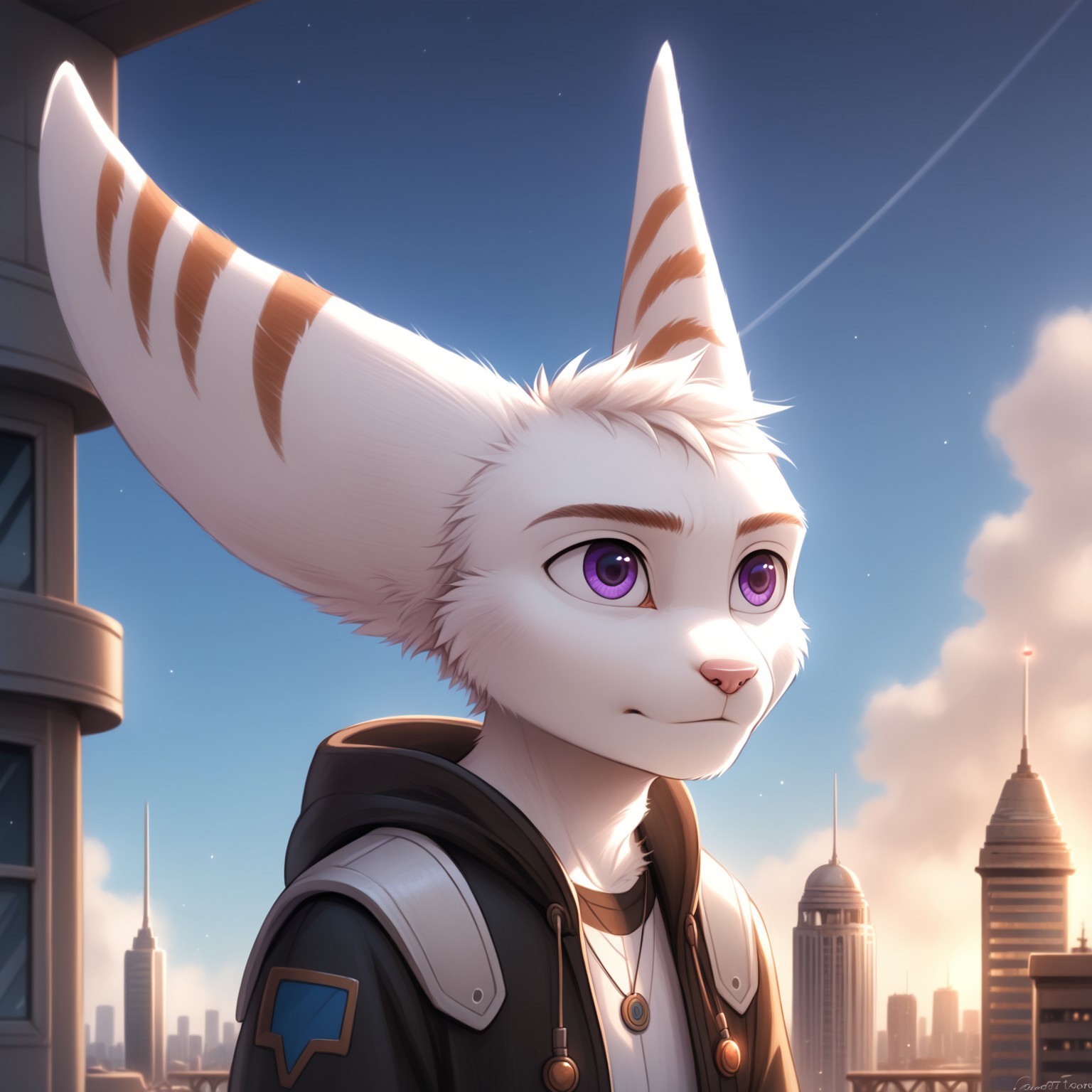 safe_pos, 1boy, solo. alone, , long ears, tail,, ,  trending on ArtStation, cartoon,, science fiction, building, architecture, ultra detailed, detailed, immersive,expression of feelings, imaginative, fur with interesting pattens,,)(oc Lombax), long ears, tail,, animal nose, shortstack, upper body, cartoon,running, hood, white fur