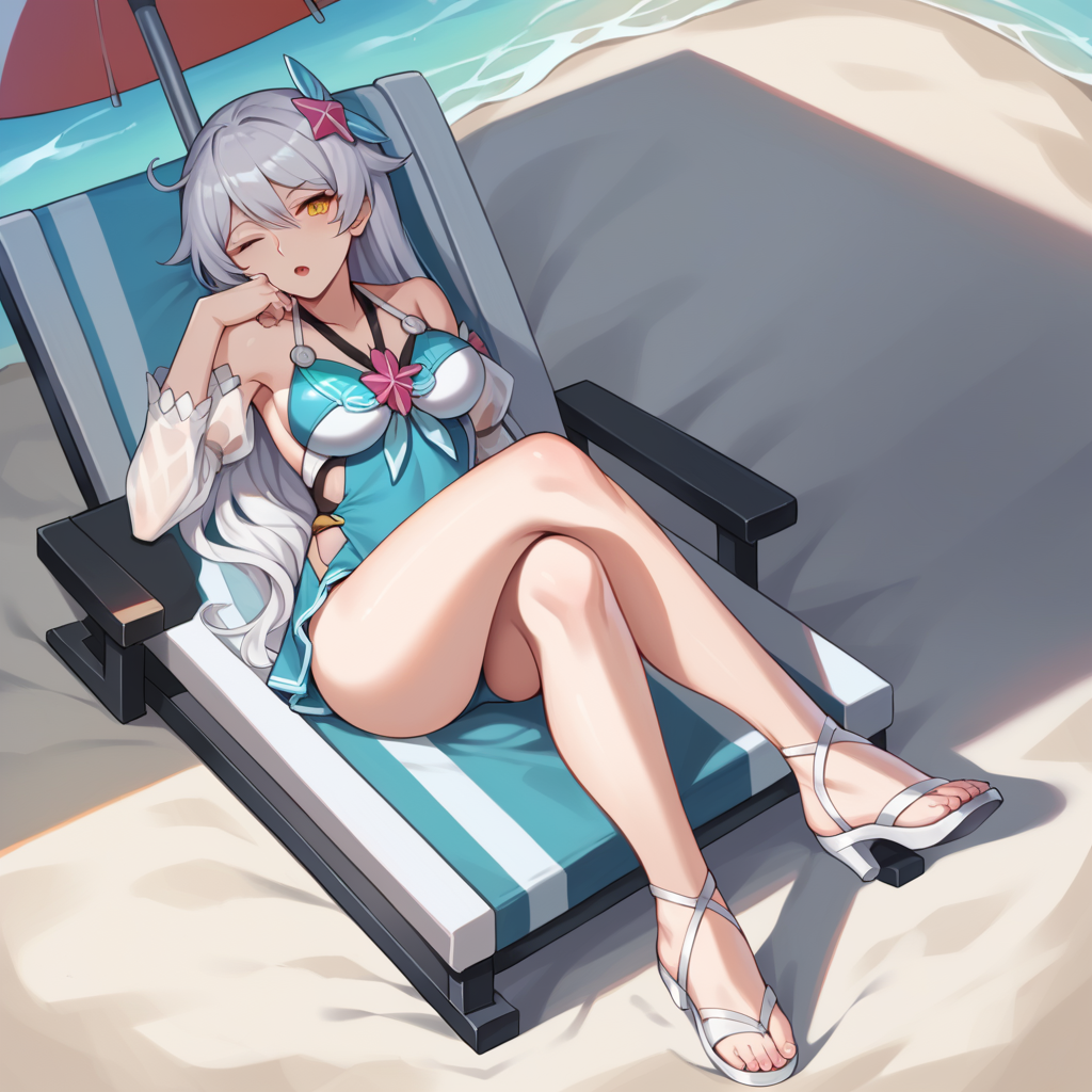 score_9_up, score_8_up, score_7_up, score_6_up, source_anime, 1girl, solo, HoV, HoV_Swimsuit, masterpiece, best quality, lying on beach chair, reclining, from above, full body, crossed legs, under umbrella, shadow, cocktail, wink, looking at you, open mouth, evil bored, arm rest, sunbathing, long hair, white hair, yellow eyes, kiana kaslana, high heels, sandals, dark persona, white footwear, hair between eyes, summer uniform, bikini bottom only, see-through, sidelocks, bare shoulders, shell hair ornament, detached sleeves, swimsuit, sundress, mature body, dynamic cowboy shot, outdoors, palm trees, beach ocean background