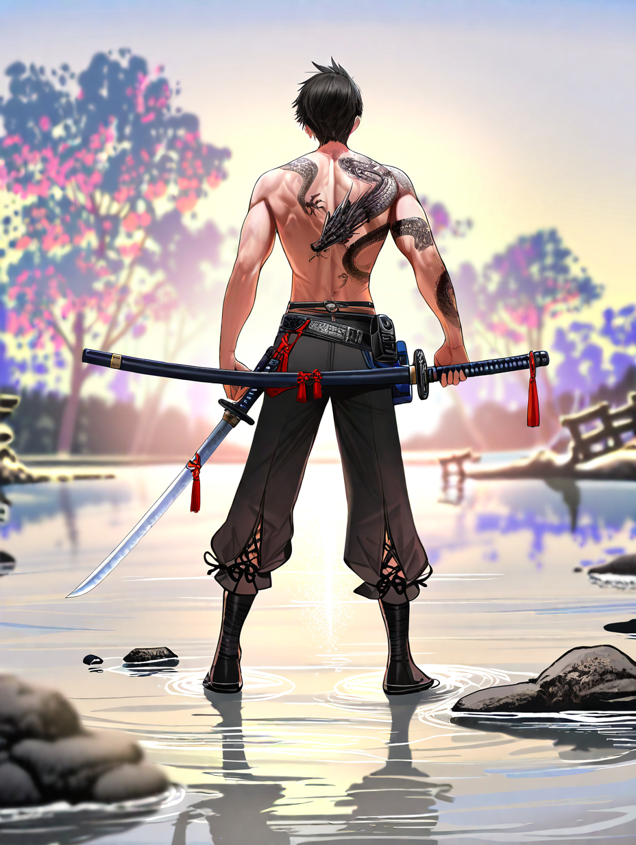 1boy, standing, katana, topless male, from behind, back tattoo, dragon tattoo, open gates, scenery, holding weapon,  artist: dishwasher1910, artist: deadnooodles, artist: misaki12003, artist: abpart, epic,
masterpiece,best quality,amazing quality,very aesthetic,absurdres,newest,
<lora:NOOB_EPSv1_detailer_by_vlnvk_v0_5:2>