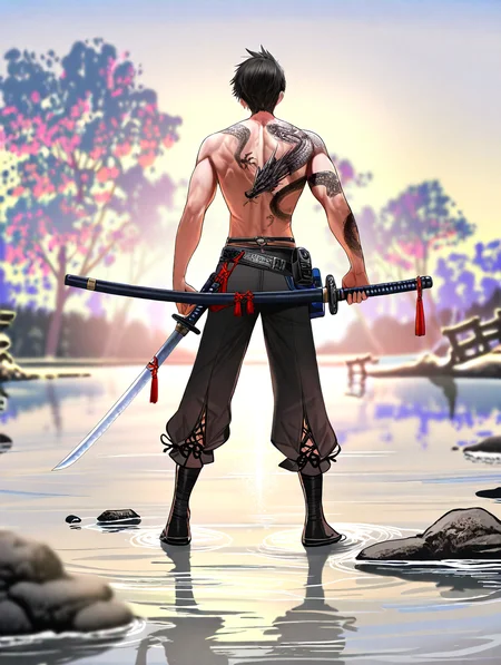 1boy, standing, katana, topless male, from behind, back tattoo, dragon tattoo, open gates, scenery, holding weapon, artist: dishwasher1910, artist: deadnooodles, artist: misaki12003, artist: abpart, epic,
masterpiece,best quality,amazing quality,very aesthetic,absurdres,newest,
<lora:NOOB_EPSv1_detailer_by_vlnvk_v0_5:2>