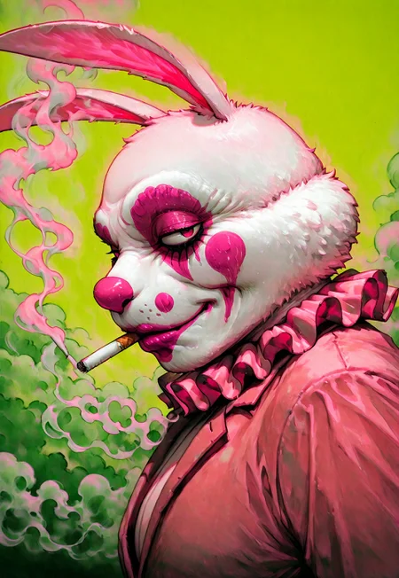 clown makeup, solo, 1boy, (rabbit ears), rabbit, bunny, no humans, male focus, profile, sideways glance, cigarette, smoking, smoke, detailed background, green background, neon pink theme,
painting_\(medium\), traditional media, best quality, absurdres, [dynamic pose]