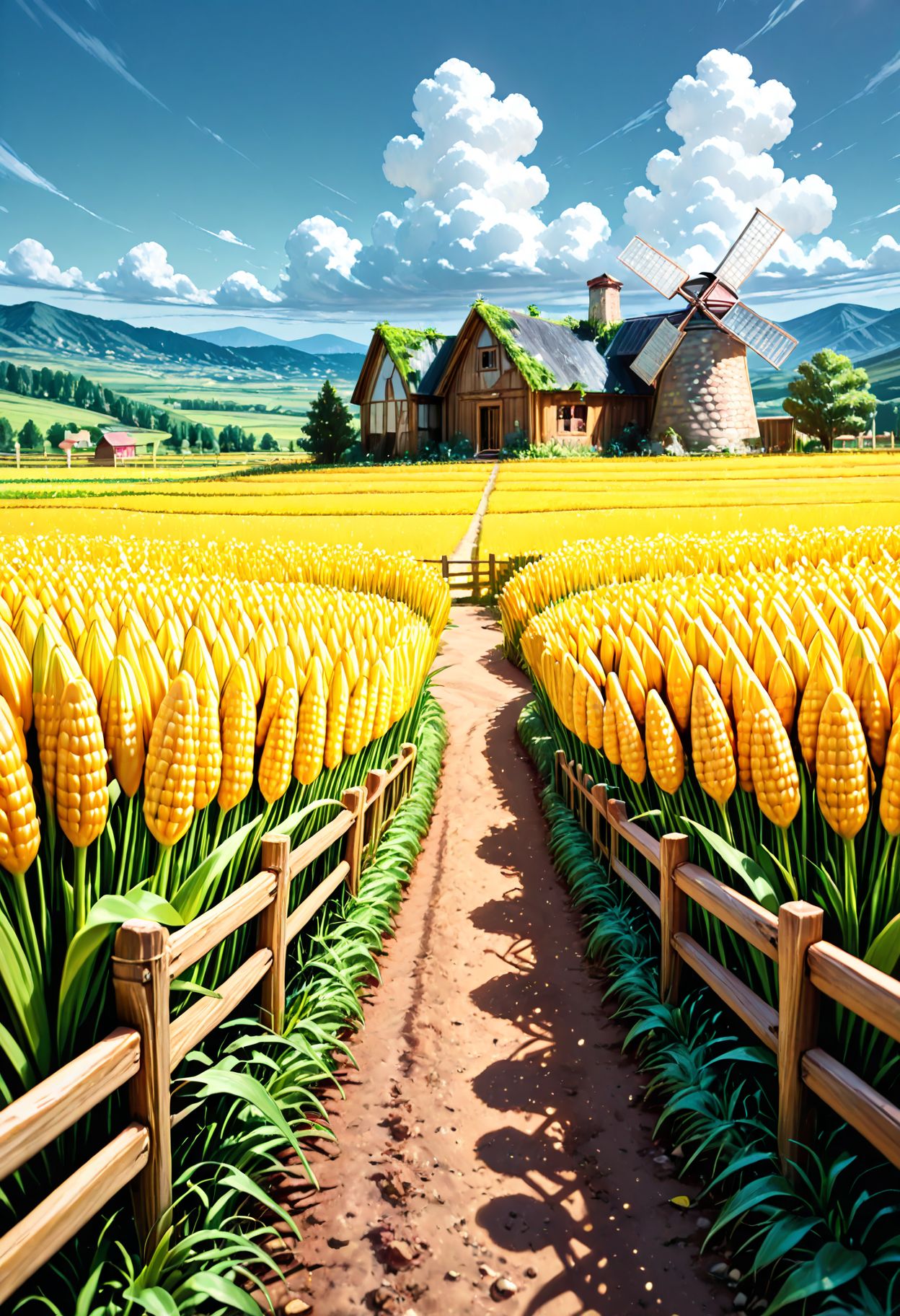 SmoothNoob_Quality,  no humans, blue sky, farm, corn field, summer, field, garden, windmill, hill, horizon, house, landscape, grass, outdoors, overgrown, scenery, sky, wooden fence  <lora:Smooth_Booster:0.5> <lora:SLE_v2:0.5>