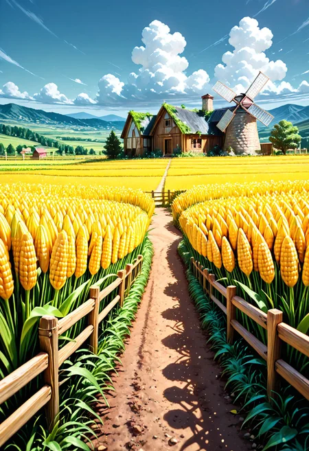 SmoothNoob_Quality, no humans, blue sky, farm, corn field, summer, field, garden, windmill, hill, horizon, house, landscape, grass, outdoors, overgrown, scenery, sky, wooden fence <lora:Smooth_Booster:0.5> <lora:SLE_v2:0.5>