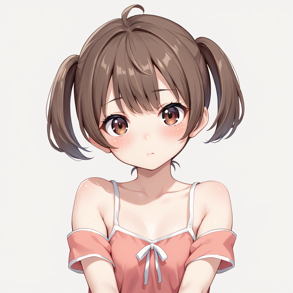 score_9, score_8_up, score_7_up, simple background, blush,
1girl,  bdgunner, brown eyes, short twintails, bare shoulders, 
<lora:bdgunner_pony_v1:0.8>
