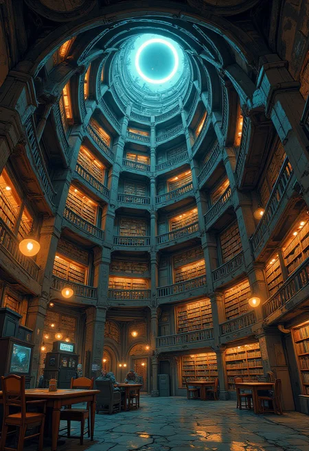 A surreal representation of an infinite library spiraling within the event horizon of a black hole. The shelves curve endlessly, defying the laws of physics, and each book emits a faint glow as if alive with knowledge. The black hole's swirling energy forms the walls, contrasting with the library's warm, inviting light. Themes of discovery, infinity, and the paradox of knowledge in chaos are emphasized.