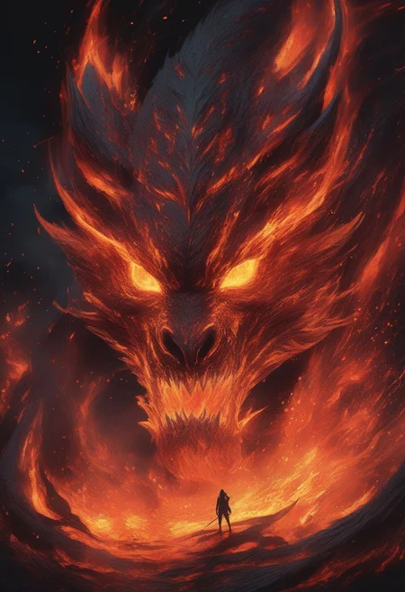 fire, lava, flames, dragon, glowing skin, pointy ears, giant, monster girl, glowing eyes, restricted palette, swirl, paint splatter, abstract background, particles, Noct, masterpiece, best quality
