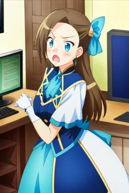 <lora:bakarina04-000020:1>1girl, mustache, surprised, looked at pc, monitor