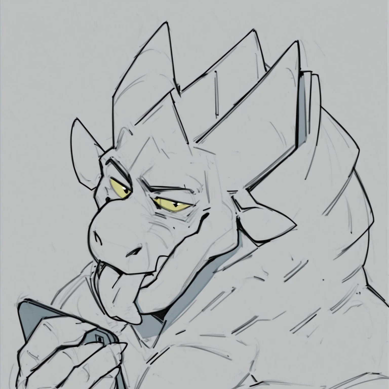 safe_pos, zPDXL3,rating_explicit, source_furry, digital media \(artwork\), masterpiece, high quality, best quality,BREAK,dragon, looking at viewer, , muscle,(monochrome:1.4), (sketch:1.2), (yellow sclera:1.2), headshot phone,ears, (blush:0.5), tongue out