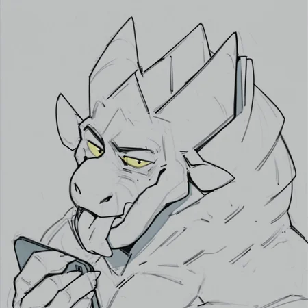 safe_pos, zPDXL3,rating_explicit, source_furry, digital media \(artwork\), masterpiece, high quality, best quality,BREAK,dragon, looking at viewer, , muscle,(monochrome:1.4), (sketch:1.2), (yellow sclera:1.2), headshot phone,ears, (blush:0.5), tongue out