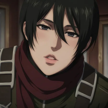 (masterpiece, best quality, ultra_detailed, highres, absurdres:1.2), masterpiece, ultra-HD, cinematic lighting, photorealistic, impressionism (1.5), high detail, depth of field, (blurred background), (dramatic lighting), very aesthetic, 8k, realistic BREAK mikasa_ackerman, mature woman, pretty girl, red scarf BREAK ((black paradis military uniform)), (full ODM gear) BREAK blushing, soft smile, half-lidded eyes, ((leaning forward:1.5)), ((parted lips, about to kiss:1.5)), (lips focus,:1.5)) ,close up, looking at viewer, intimate gaze