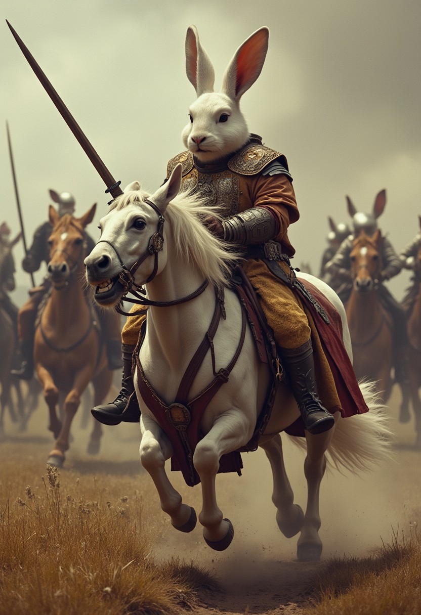 Angry medieval white rabbit army riding horses off to war with weapons, dynamic kinetic action pose, danger, risk, 1960s horror film, color grading detailmaximizer