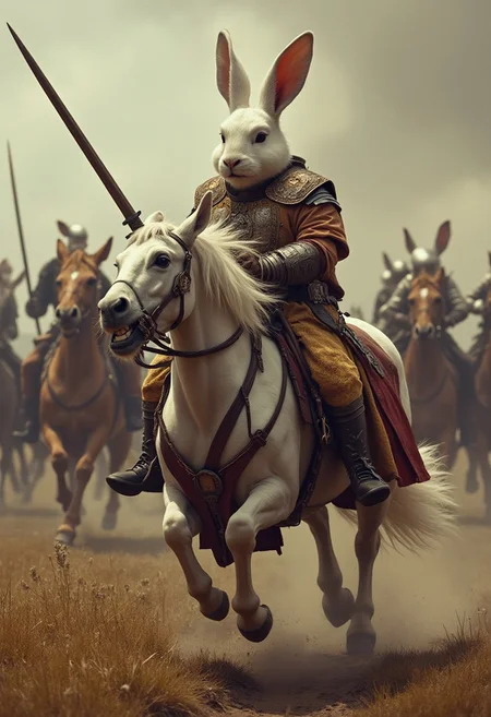 Angry medieval white rabbit army riding horses off to war with weapons, dynamic kinetic action pose, danger, risk, 1960s horror film, color grading detailmaximizer