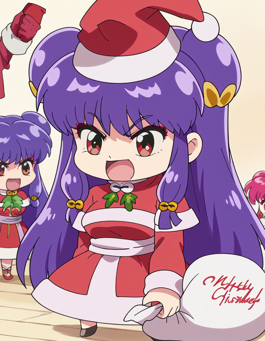 score_9, score_8_up, score_7_up, source_anime, <lora:shampoo-s1-ponyxl-lora-nochekaiser:1>, shampoo, shampoo (ranma 1/2), long hair, hair ornament, red eyes, purple hair, hair bun, double bun, medium breasts, anime screencap,, <lora:padoru-ponyxl-lora-nochekaiser:1>, padoru, padoru (meme), holding sack, sack, santa hat, meme, christmas, open mouth, chibi, red capelet, santa dress, capelet, fur-trimmed headwear,, , dutch angle, cowboy shot