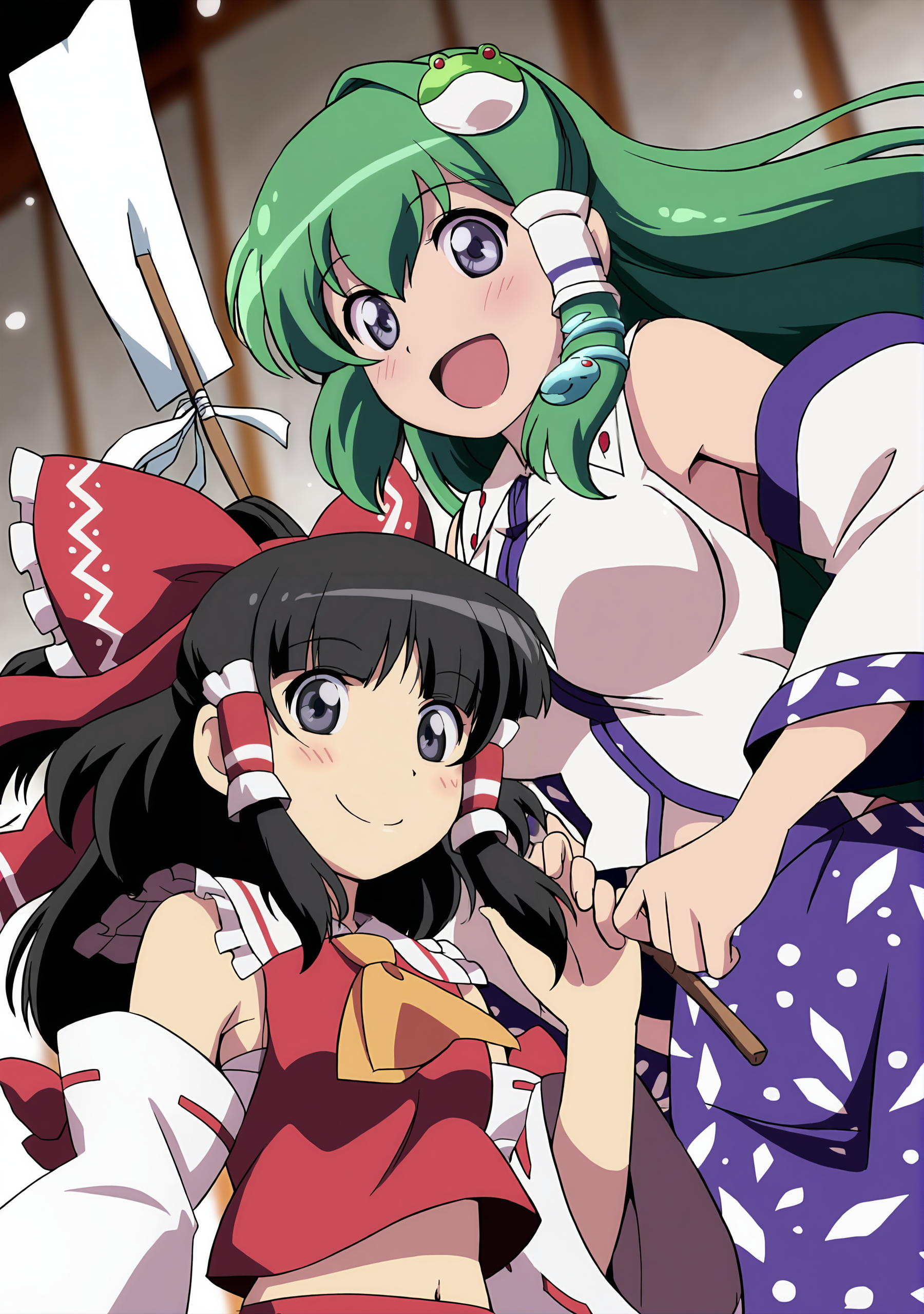 masterpiece,best quality,<lora:tgm-noob05:1>,anime coloring,
multiple girls,kochiya sanae,gohei,2girls,hakurei reimu,skirt,green hair,detached sleeves,hair tubes,hair ornament,long hair,black hair,bow,ascot,breasts,hair bow,snake hair ornament,smile,frog hair ornament,open mouth,shirt,cover,red skirt,navel,frills,frilled skirt,red bow,large breasts,blue skirt,purple eyes,nontraditional miko,ribbon trim,wide sleeves,ribbon-trimmed sleeves,blush,midriff,black eyes,holding,yellow ascot,looking at viewer,collared shirt,bangs,closed mouth,red shirt,sidelocks,white shirt,bare shoulders,skirt set,sleeveless shirt,sparkle,medium breasts,long sleeves,ribbon,japanese clothes,grey eyes,blue eyes,