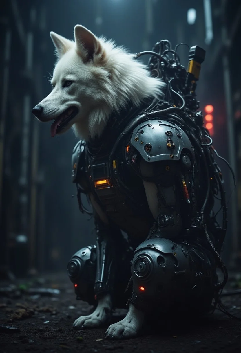 a wolf white Siberian dog anthropomorphic, with armor high technology equipped, technical glasses, automatic gun on the back, atmosphere very dark