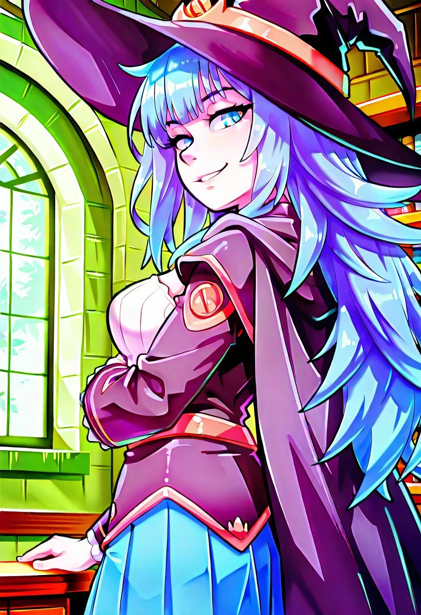 absurdres, 4k res, high quality, score_7_and_above, 1girl, solo, masterpiece, Lcharlotte_wraith, blue hair, blue eyes, witch hat, cape, blue pleated skirt, portrait, seductive smile, highly detailed, side view, looking at viewer,