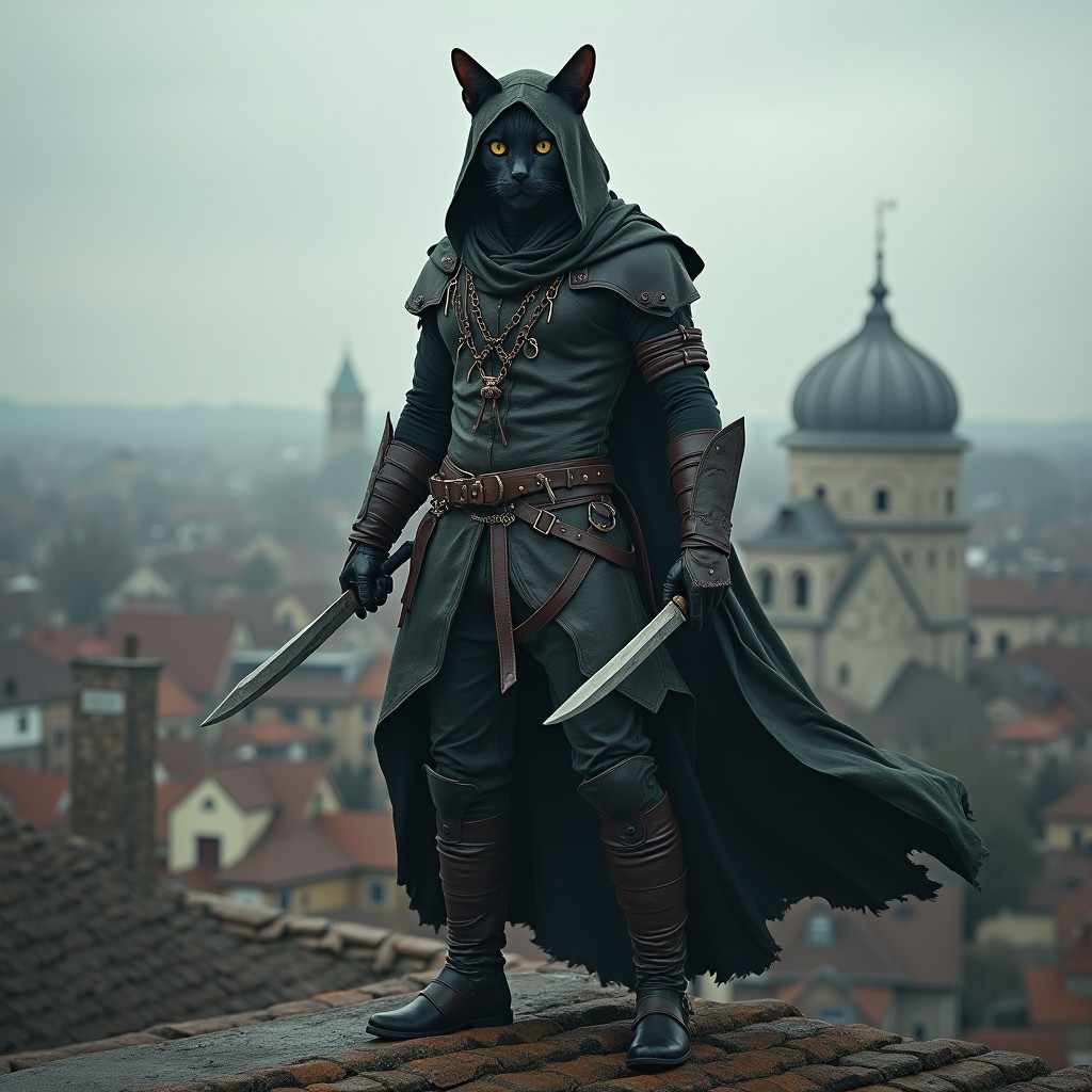 medieval anthropomorphic cat killer in leather clothes, ((hood on head)), ((daggers in hands)) stands on the roof of a house in the middle of the city, epic pose, epic pose, fullbody