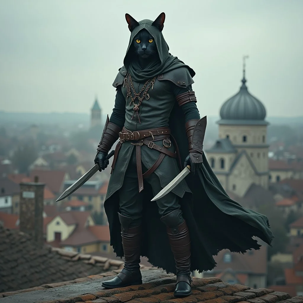 medieval anthropomorphic cat killer in leather clothes, ((hood on head)), ((daggers in hands)) stands on the roof of a house in the middle of the city, epic pose, epic pose, fullbody