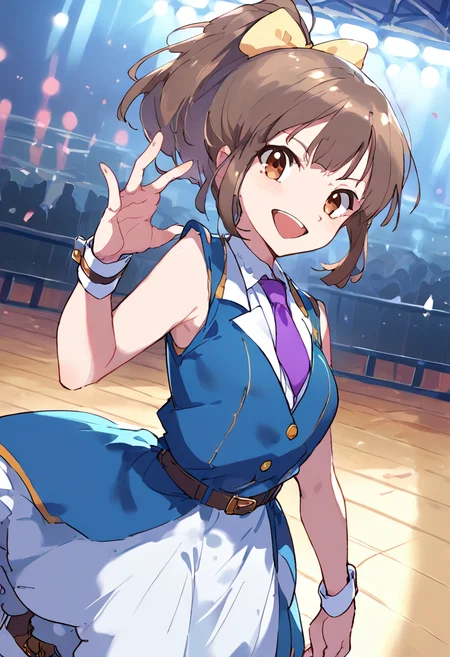 score_9,score_8_up,score_7_up,source_anime,zPDXL3,stage,stage lights,
*//*,<lora:HisamiNanami-v1.0:1.0>,hisaminanami_wug,1girl,solo,brown eyes,brown hair,bow,ponytail,hair bow,yellow bow,white footwear,boots,necktie,hat,idol clothes,sleeveless dress,purple necktie,wrist cuffs,belt,two-tone dress,smile;d,open mouth,
*//*,looking at viewer,cowboy shot,dutch angle,dynamic pose,