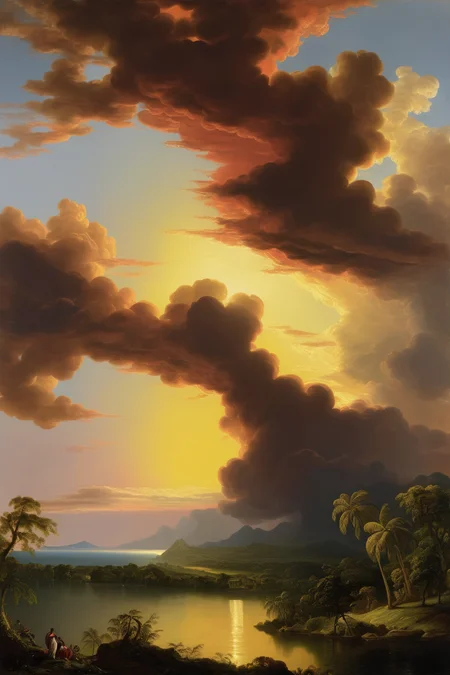 <lora:Thomas Cole Style:1>Thomas Cole Style - nubes en una puesta de sol de jamaica de 1800