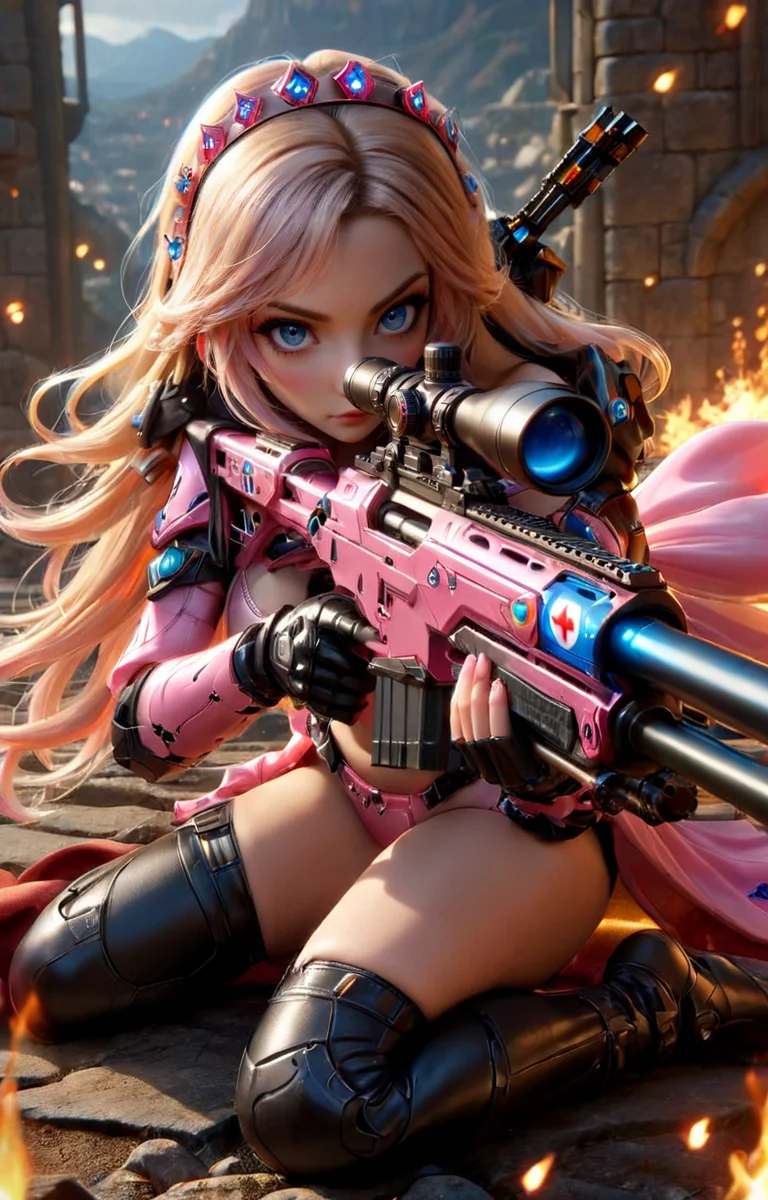 ((hyperrealistic)) cinematic photo of sexy Princess Peach from Super Mario Brothers with Sniper Rifle, perfect eyes, blue eyes, standing sultry pose with sniper rifle, (pink plastic sniper rifle with 1up stars along the side), action scene in bowsers castle, lava balls,
35mm photograph, film, bokeh, professional, 4k, highly detailed, <lora:EnvyActionShotXL01:0.65>, <lora:add-detail-xl:0.6> <lora:XL_Weapon_Sniper_Rifle_-_By_HailoKnight:0.8>