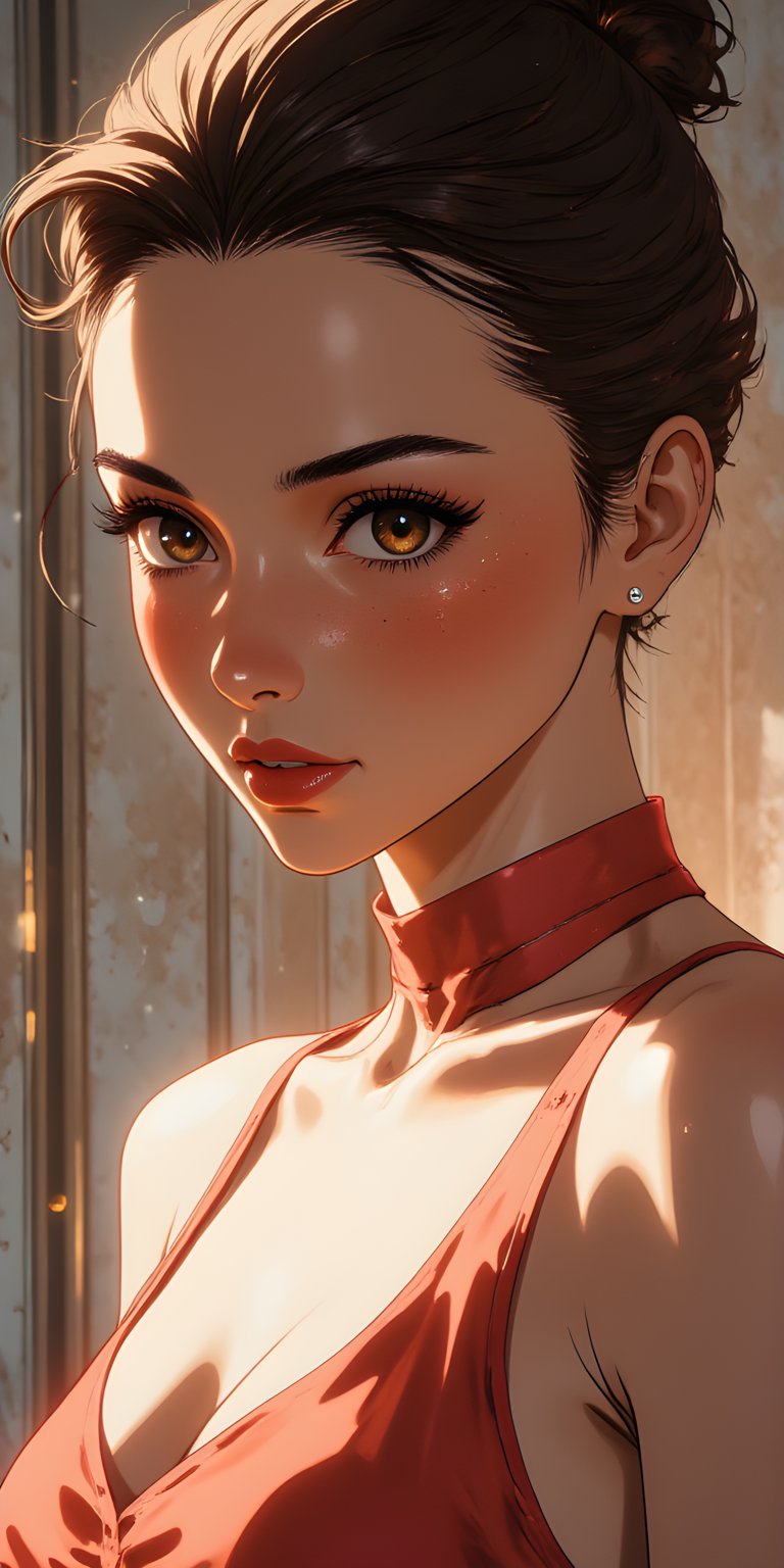 a highly detailed and realistic portrait of a person with striking features. The individual has short, neatly styled hair that is swept back, revealing a clean, sharp side part. The hair appears to be dark brown, with subtle highlights that catch the light, adding depth and dimension to the overall look. The person's skin is fair, with a natural glow and a few freckles scattered across the cheeks, giving a touch of warmth and authenticity to their appearance. 
Their eyes are large and expressive, with long, defined eyelashes and a soft gaze that conveys confidence and poise. The eyebrows are well-groomed and slightly arched, framing the eyes beautifully. The lips are full and painted in a subtle shade of red, complementing the overall color palette of the image. 
The person is wearing a sleeveless top or dress in a rich, warm hue, possibly coral or terracotta, which adds a vibrant contrast to the neutral background. A thin, high-neck choker in a matching color accentuates the neckline, enhancing the elegance of the outfit. The lighting is soft and even, highlighting the texture of the skin and the intricate details of the clothing. The overall composition is polished and sophisticated, capturing a moment of quiet intensity and style. 
j_art, anime, anime art, <lora:FLUX\jul\J_Anime:0.7>, <lora:FLUX\RealAnime:0.7>