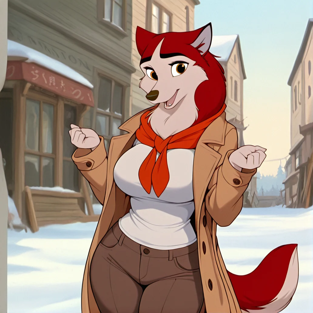 (masterpiece), (best quality), (ultra-detailed), amazing quality, very aesthetic, illustration, perfect composition, intricate details, absurdres, incredibly absurdres, 1girl, jenna\(balto\), solo, open mouth, amber eyes, neckerchief, two tone fur, red fur, looking at viewer, breasts, wearing, coat, pants, outside, furry female, anthro, tail, standing, large breasts round hips, sexy pose <lora:jennabalto2illustrious:1>,