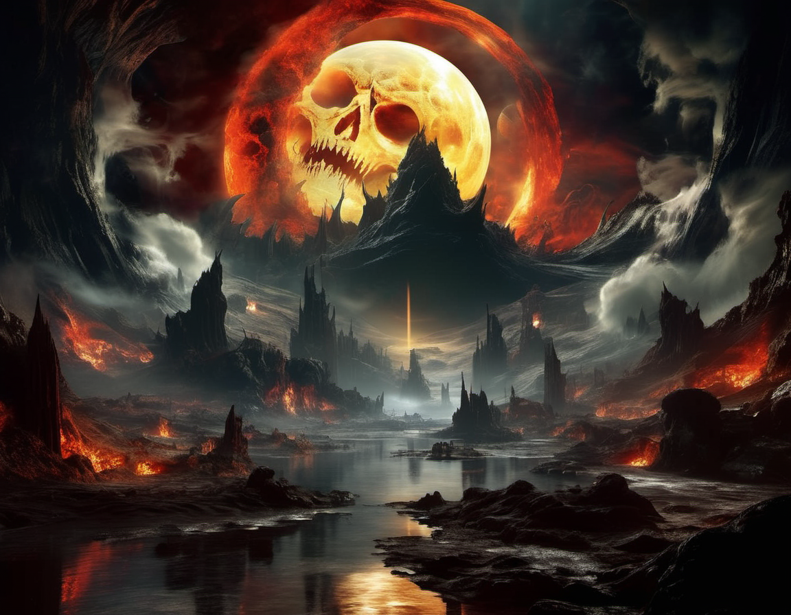 EdobHorrorLandscape, dragon, sun, from side, cloud, indoors, realistic, backlighting, water, moon, planet, antlers, giant, mountain, crescent moon, open mouth, horror (theme), fog, dark, skull, backlighting, ambiguous gender, horror (theme), <lora:EdobHorrorLandscape_XL_v1.0:0.8>