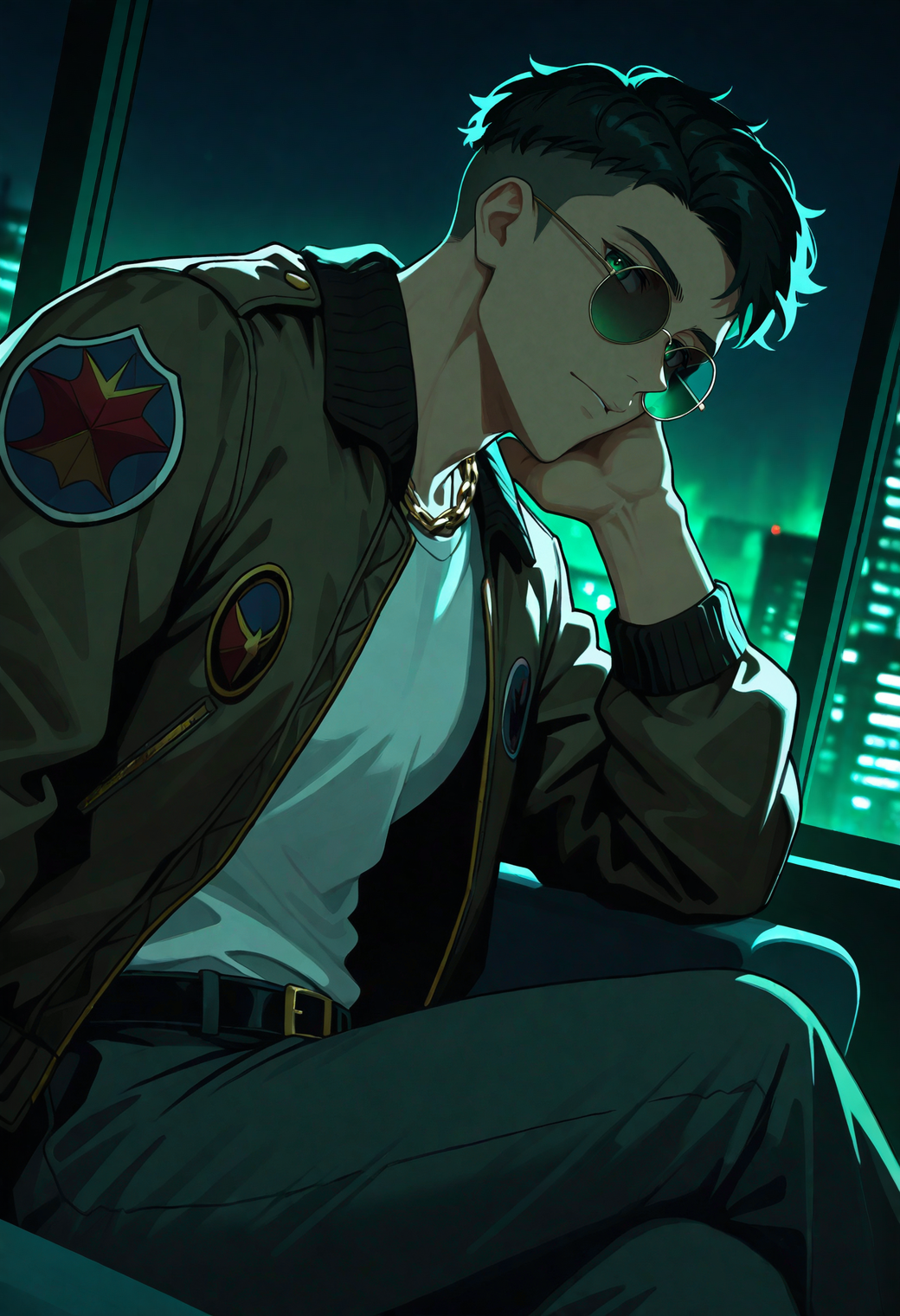 masterpiece,best quality,
1boy,toned male,
<lora:yokokawa_yuusuke_NAI_EPS_1_1_CAME_v1_960:1>,
yok0kaw4_yuusuk3,black hair,short hair,undercut,green eyes,
dark,(chiaroscuro:1.1),high contrast,
crossed legs,looking at viewer,chain necklace,black belt,bomber jacket,white shirt,open clothes,indoors,window,green theme,from side,head tilt,elbow rest,round eyewear,aviator sunglasses,
dutch angle,dynamic pose,atmospheric perspective,
blurry background,scenery