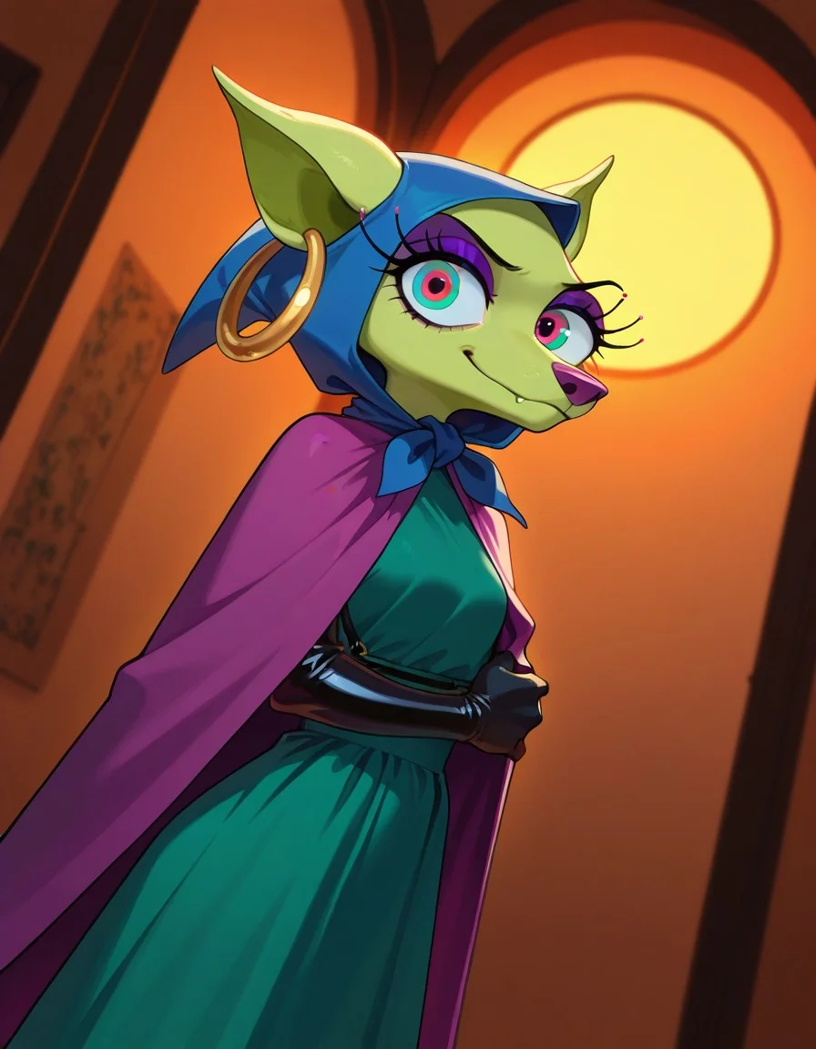 masterpiece, best quality, amazing quality, very aesthetic, high resolution, ultra-detailed, absurdres, newest, scenery, BREAK, detailed background, detailed hair, depth of field, detailed fluffy fur, photorealistic details, volumetric lighting, masterpiece, newest, absurdres, safe, , very aesthetic, absurdres, shirleyTM, anthro, furry female, chihuahua girl, eyelashes, purple eyelids, green skin, sharp ears, purple nose, black arms, green dress, purple cape, multicolored eyes, gold earring, blue hood, standing, looking at viewer, happy, smile, dynamic pose, dynamic angle, dramatic angle, closed mouth, cowboy shot, , <lora:2b34ba43-fac4-4ad9-80f5-ad26c2e81ea0:1.2>