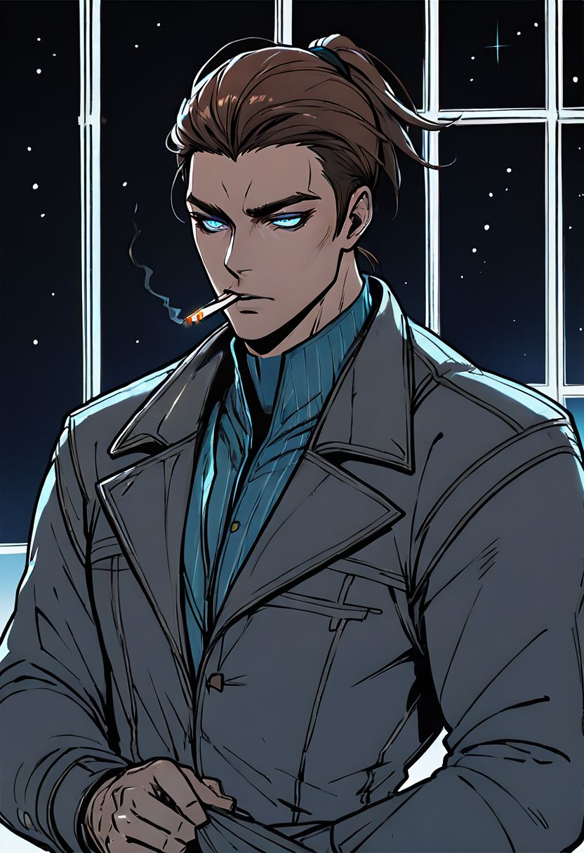 score_9, score_8_up, score_7_up, score_6_up, score_5_up, score_4_up, source_anime, (1 man), shen, shen from league of legends, muscular, short ponytail, brown hair, blue eyes, coat, jeans, smokes looking out the window, looking out the window, holding a cigarette, starry sky, loneliness, silence, empty look, monochrome