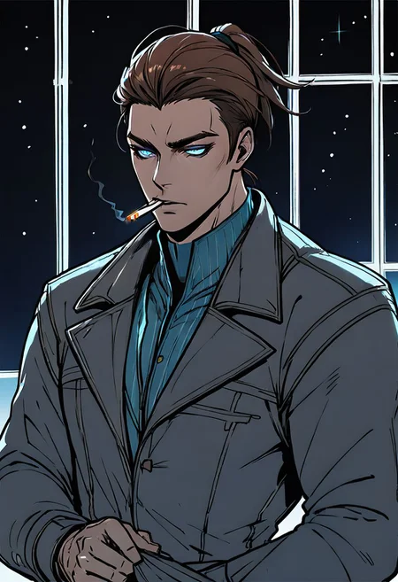 score_9, score_8_up, score_7_up, score_6_up, score_5_up, score_4_up, source_anime, (1 man), shen, shen from league of legends, muscular, short ponytail, brown hair, blue eyes, coat, jeans, smokes looking out the window, looking out the window, holding a cigarette, starry sky, loneliness, silence, empty look, monochrome