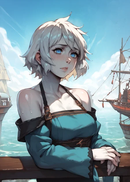 <lora:NAHIRI:1> nahiri, 1girl, solo, short hair, breasts, bare shoulders, white hair, colored skin <lora:RD-MAnon-XLV1.1:1>, fantasy, cold weather, warm clothes, laying against ship railing, sky, wool trimming, white skin, blue eyes,, source_anime, score_9_up, score_7_up, score_8_up