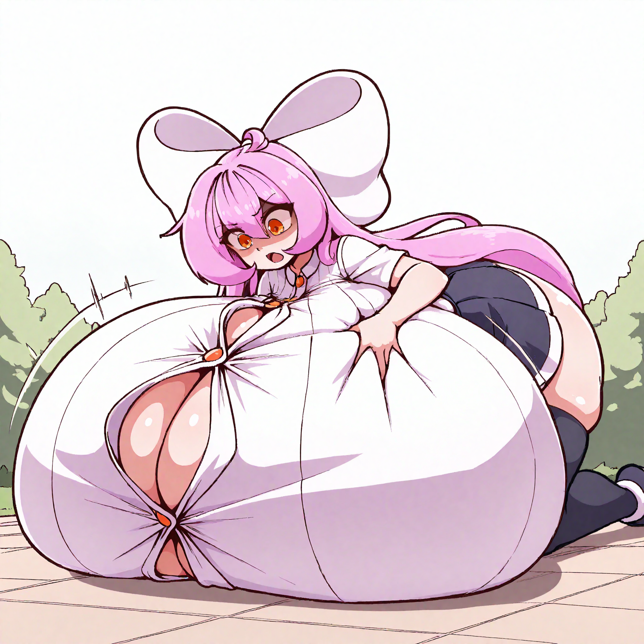 (masterpiece), best quality, (highly detailed), 1female, solo, <lora:Ursula_Masked_Agent_OC_Illustrious:0.7> , Ursula, shortstack, long hair, pink hair, orange eyes, button shirt, short skirt, thighhighs, hairbow, shocked expression, mouth open, colossal breasts, grabbing own breasts, park, <lora:HYPv1-2:1>, deep skin, looking down, on knees, on floor, shaded face,