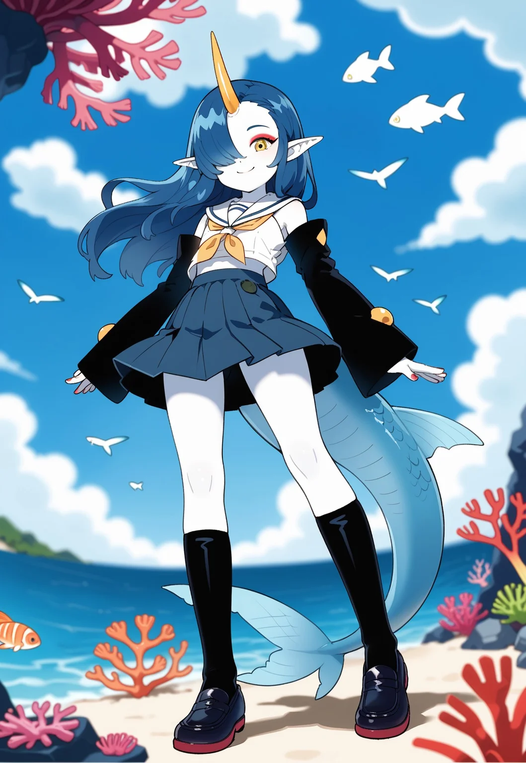 1girl, smile, black footwear, black sleeves, blue hair, blurry, blurry background, cloud, cloudy sky, colored skin, coral, detached sleeves, eyeshadow, fins, fish tail, flat chest, from below, full body, hair over one eye, horns, kneehighs, long hair, looking at viewer, makeup, monster girl, ocean, one eye covered, pointy ears, red eyeshadow, school uniform, single horn, sky, socks, solo, standing, tail, white skin, yellow eyes, yellow horns