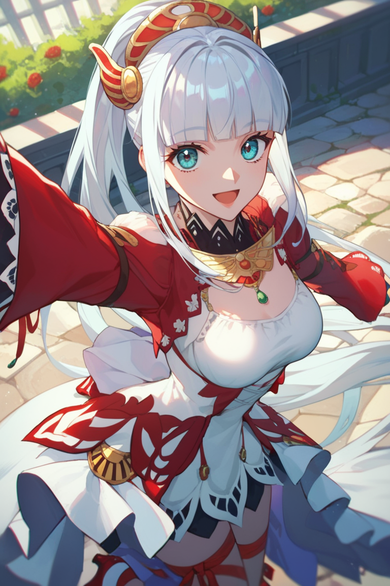 score_9, score_8_up, score_7_up, very aesthetic, source_anime, detailed, high quality, beautiful, masterpiece,
village, outdoor, daylight,
cowboy shot, upper body,  first person view, looking at viewer, close up, from above,
medium breasts, looking at viewer, both hands reaching out, smile, mouth open,
<lora:lailah_autismConfetti_v01:0.95>
lailah \(tales\), silver hair, very long hair, blunt bangs, sidelocks, ponytail, blue eyes, dress, leg ribbon, red high heels, long sleeves,, zPDXL