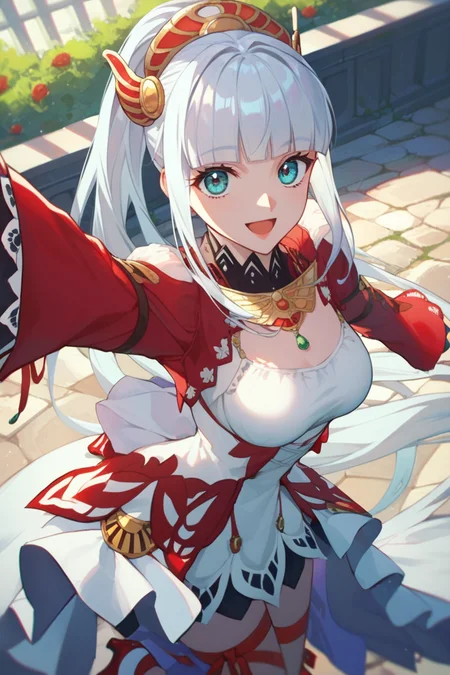 score_9, score_8_up, score_7_up, very aesthetic, source_anime, detailed, high quality, beautiful, masterpiece,
village, outdoor, daylight,
cowboy shot, upper body, first person view, looking at viewer, close up, from above,
medium breasts, looking at viewer, both hands reaching out, smile, mouth open,
<lora:lailah_autismConfetti_v01:0.95>
lailah \(tales\), silver hair, very long hair, blunt bangs, sidelocks, ponytail, blue eyes, dress, leg ribbon, red high heels, long sleeves,, zPDXL