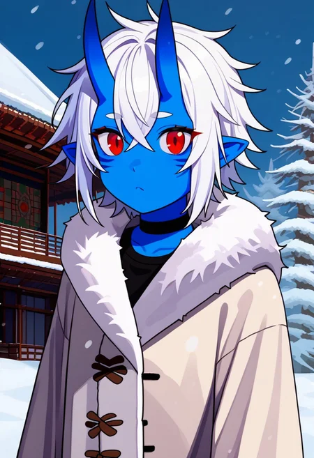 1girl, 25 years old, perfect face, cute, petite, red eyes, white hair, short hair, messy hair, crossed bangs, hair between eye, pointy ears, black choker, (blue skin:1.2), (oni:1.2), blue oni, facial tattoo, Winter Fur Coat, tattoos, Tribal architecture, animal skin tents, south pole, cowboy shot,