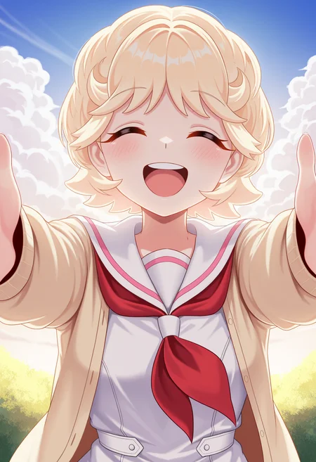 masterpiece,best quality,(amazing quality),very aesthetic,absurdres,newest,huge filesize,
<lora:Michiru Inukai_illustrious-000040:1>,Michiru_\(Talentless Nana\),yellow eyes,blonde hair,short hair,
blush,solo,white dress,open cardigan,sailor collar,reaching_out,upper teeth only,smile,closed eyes,outdoors,sky,white clouds,portrait