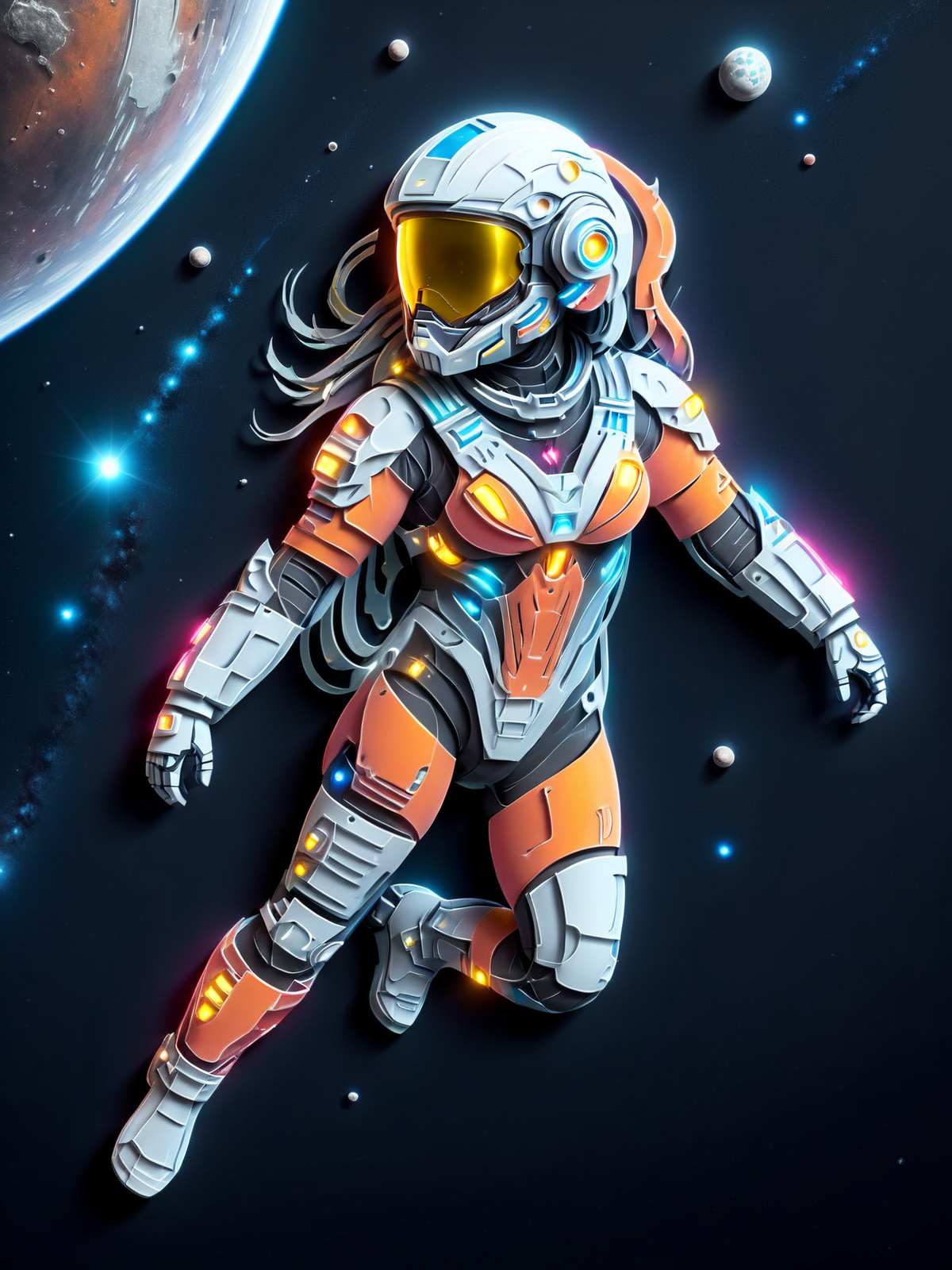 woman in spacesuit floating in space, mad-cybrpprct2, scifi    <lora:Neon_Cyberpunk_Papercut_2_SDXL:1.2>, (masterpiece:1.2), best quality, (hyperdetailed, highest detailed:1.2), high resolution textures
