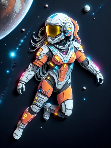 woman in spacesuit floating in space, mad-cybrpprct2, scifi <lora:Neon_Cyberpunk_Papercut_2_SDXL:1.2>, (masterpiece:1.2), best quality, (hyperdetailed, highest detailed:1.2), high resolution textures