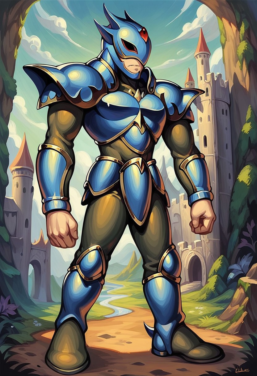 score_9_up, score_8_up, score_7_up, score_6_up, 1boy, solo, C3cil_H_OGDK, full body, helmet, armor, boots, shoulder armor, standing proudly, fantasy art, painted art, fantasy landscape, castle in background