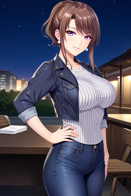 matsumiya_kiriko, 1girl, solo, purple eyes, brown hair, hand on hip, night, sky, outdoors, denim jacket, denim pants, smile, shirt, large breasts, striped, grey striped shirt, collar shirt, looking at viewer, outfit3, earrings, <lora:matsumiya_kiriko_v2:0.7> pearl earrings, earrings behind sidelock, high leg, (realisticphoto), cowboy shot, one hand, on hips, cheerful, knee, side view, <lora:Add_more_details_pony:0.3> <lora:HandFixer_pdxl_Incrs_v1:1> curvy body, sitting on the chair, crossing leg, table, komputer, folder case,