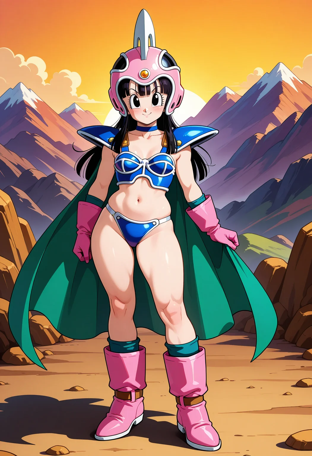 1girl, solo, smile, full body, looking at viewer, mature female
chichilo, black long hair, black eyes, small breasts, choker, shoulder armor, pink boots, pink gloves, blue bikini armor, green cape, chi-chi \(dragon ball\), slugger Helmet
BREAK outdoors, mountain, rock, shadow, seductive pose,
<lora:chichilo_IL:0.8>
