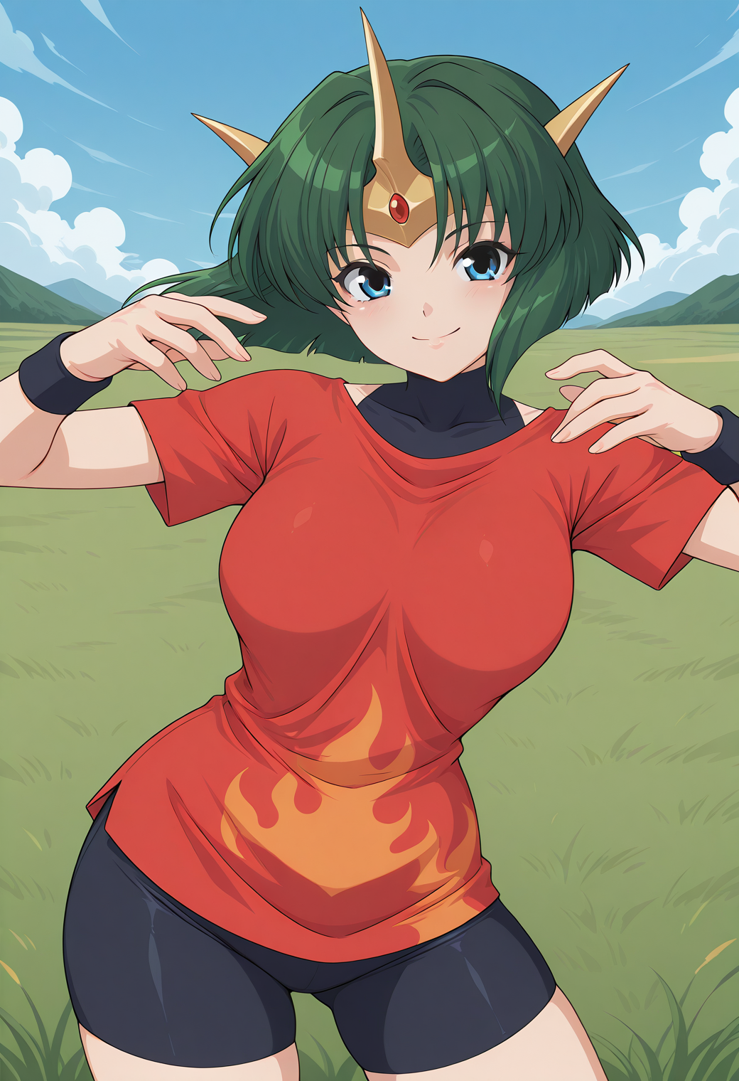 sonic_cat, blue eyes, green hair, short hair, horns, circlet, wristband, red shirt, covered collarbone, short sleeves, bike shorts, black shorts, <lora:sonic_cat_illustrious_ver1:0.8> 
smile,, masterpiece, best quality, sensitive,, 1girl, solo, blue sky, (grasslands:1.2), looking at viewer,, (cowboy shot, dynamic pose:1.4),