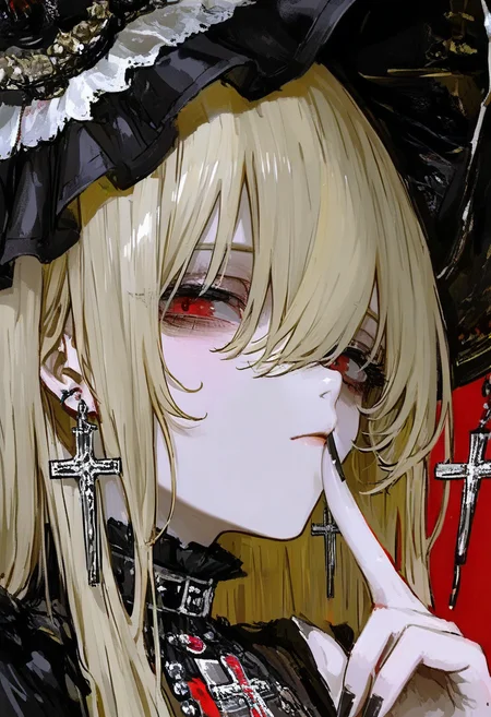 1girl, cross, solo, jewelry, earrings, cross earrings, black nails, red eyes, looking at viewer, hat, hair between eyes, long hair, closed mouth, black headwear, fingernails, portrait, blonde hair, finger to mouth, bangs <lora:748cmXL_NBVP1_lokr_V6311P:0.95>